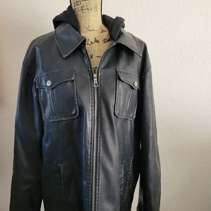 Men's Whispering Smith Faux Leather Coat with Hoodie. Size XL. Black.